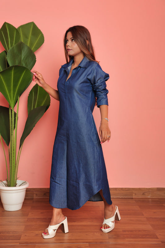 The Azure Authority: Popover Denim Midi
